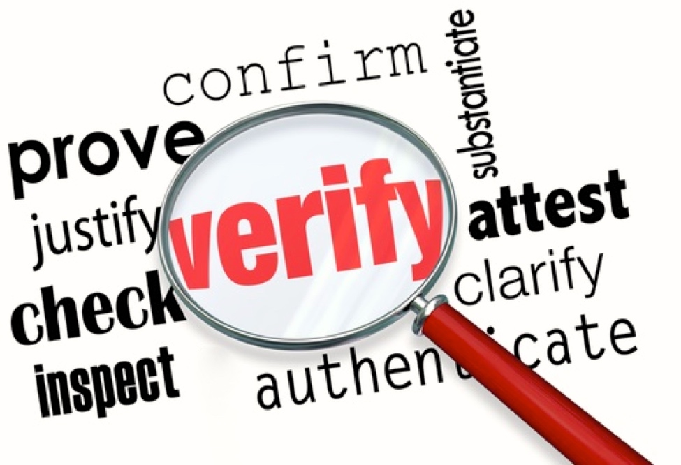 Magnifying glass over word bubble focused in on the word verify