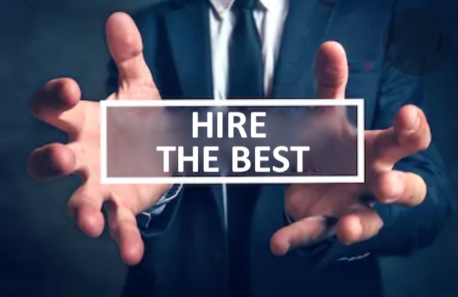 Business person with hands out and text overlay that says "hire the best"